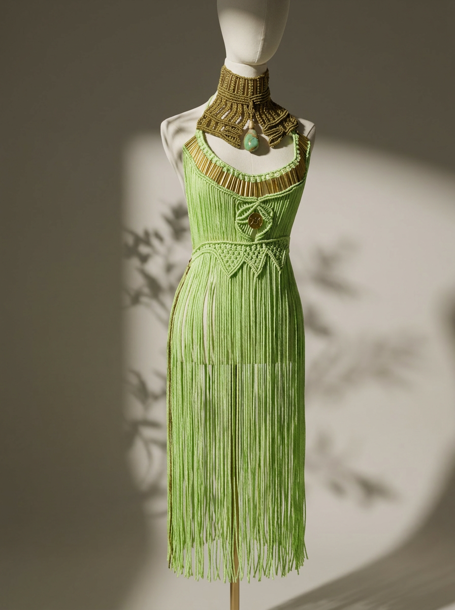 2 piece Green handmade Macrame Dress and Collar with precious Stone