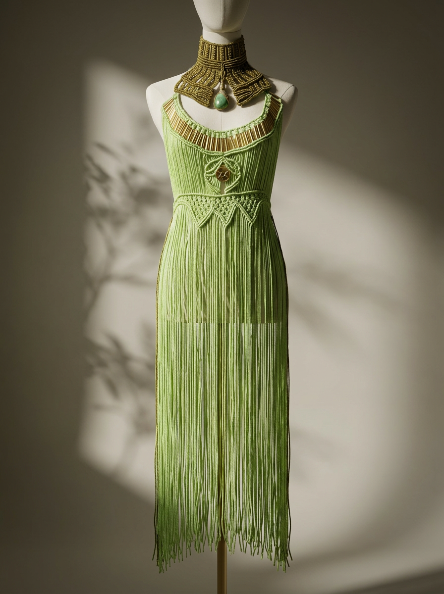2 piece Green handmade Macrame Dress and Collar with precious Stone