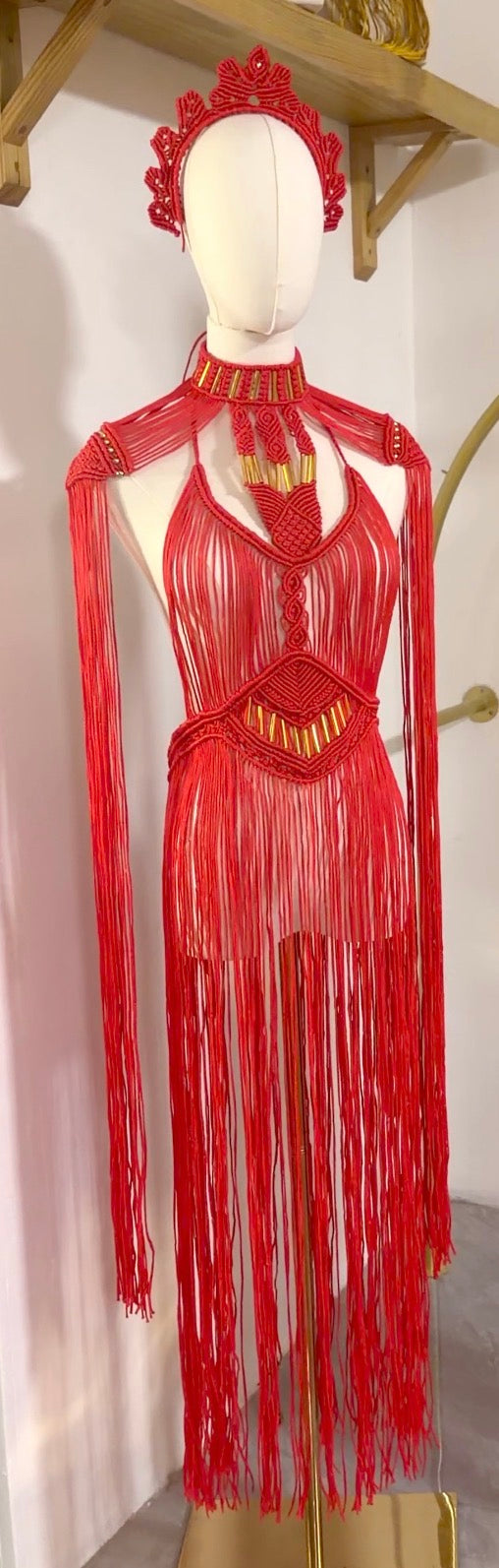 3 piece Red handmade Macrame Festival outfit