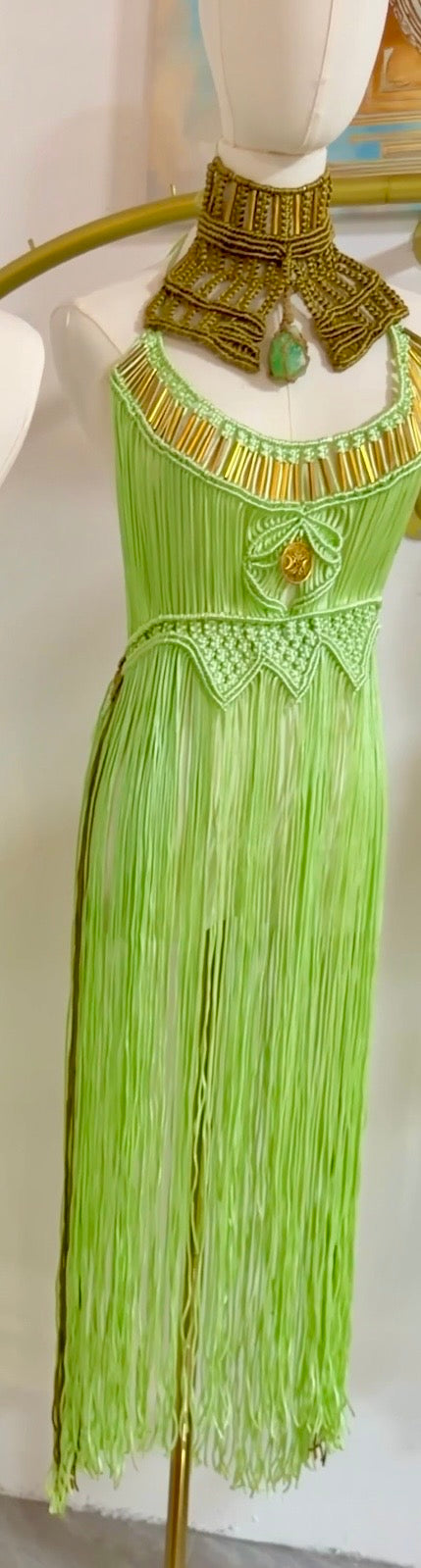 2 piece Green handmade Macrame Dress and Collar with precious Stone