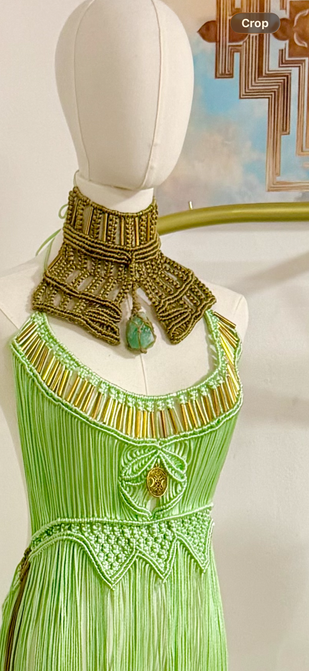 2 piece Green handmade Macrame Dress and Collar with precious Stone