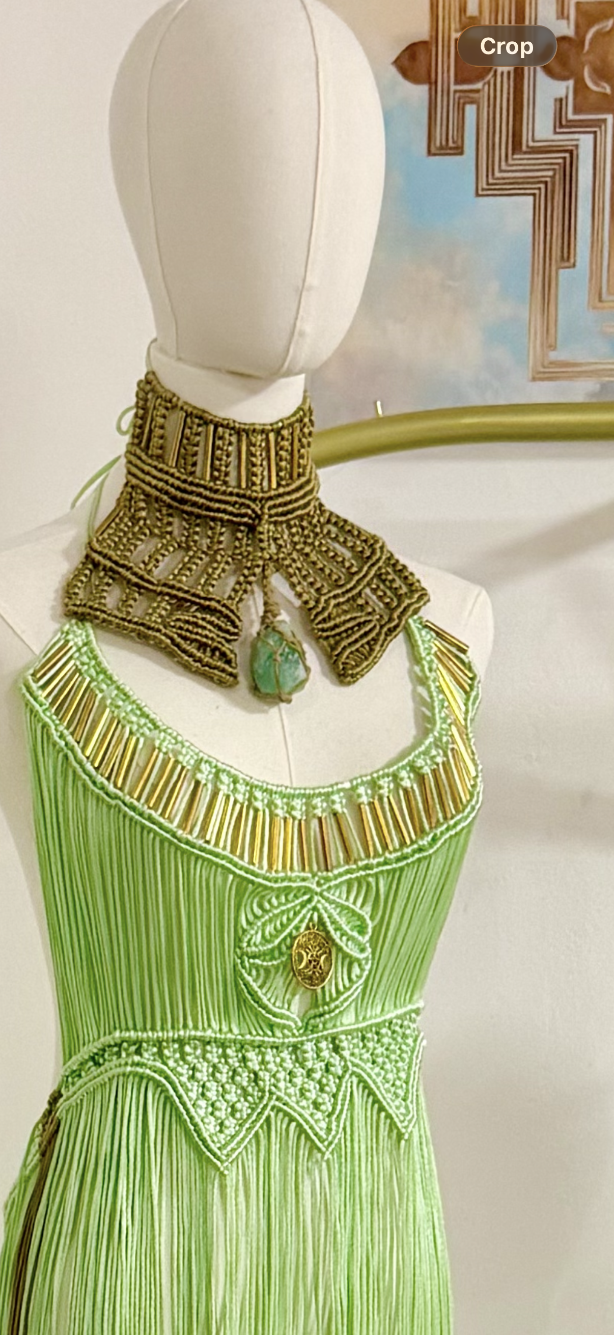2 piece Green handmade Macrame Dress and Collar with precious Stone