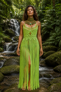 2 piece Green handmade Macrame Dress and Collar with precious Stone