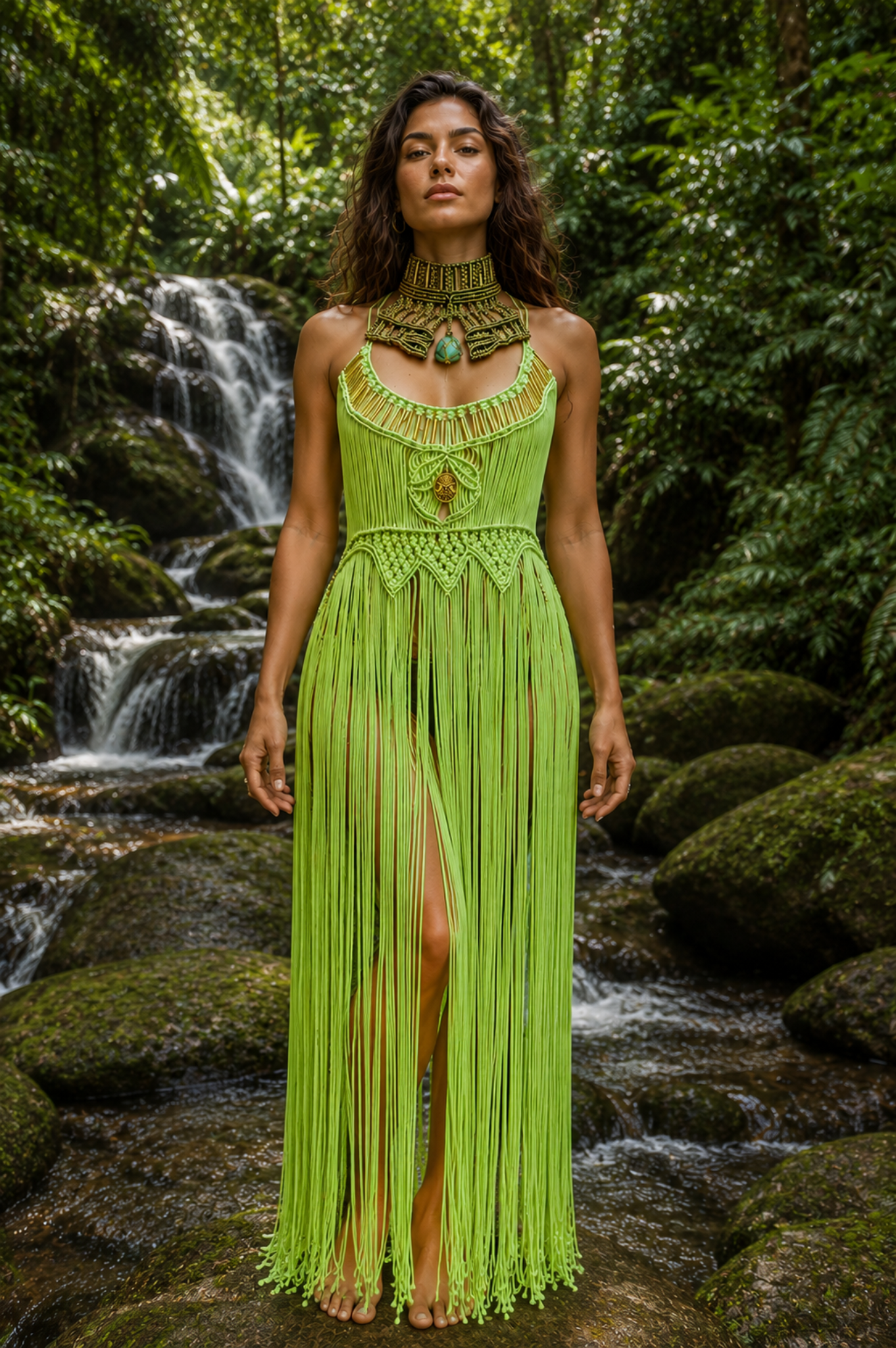 2 piece Green handmade Macrame Dress and Collar with precious Stone