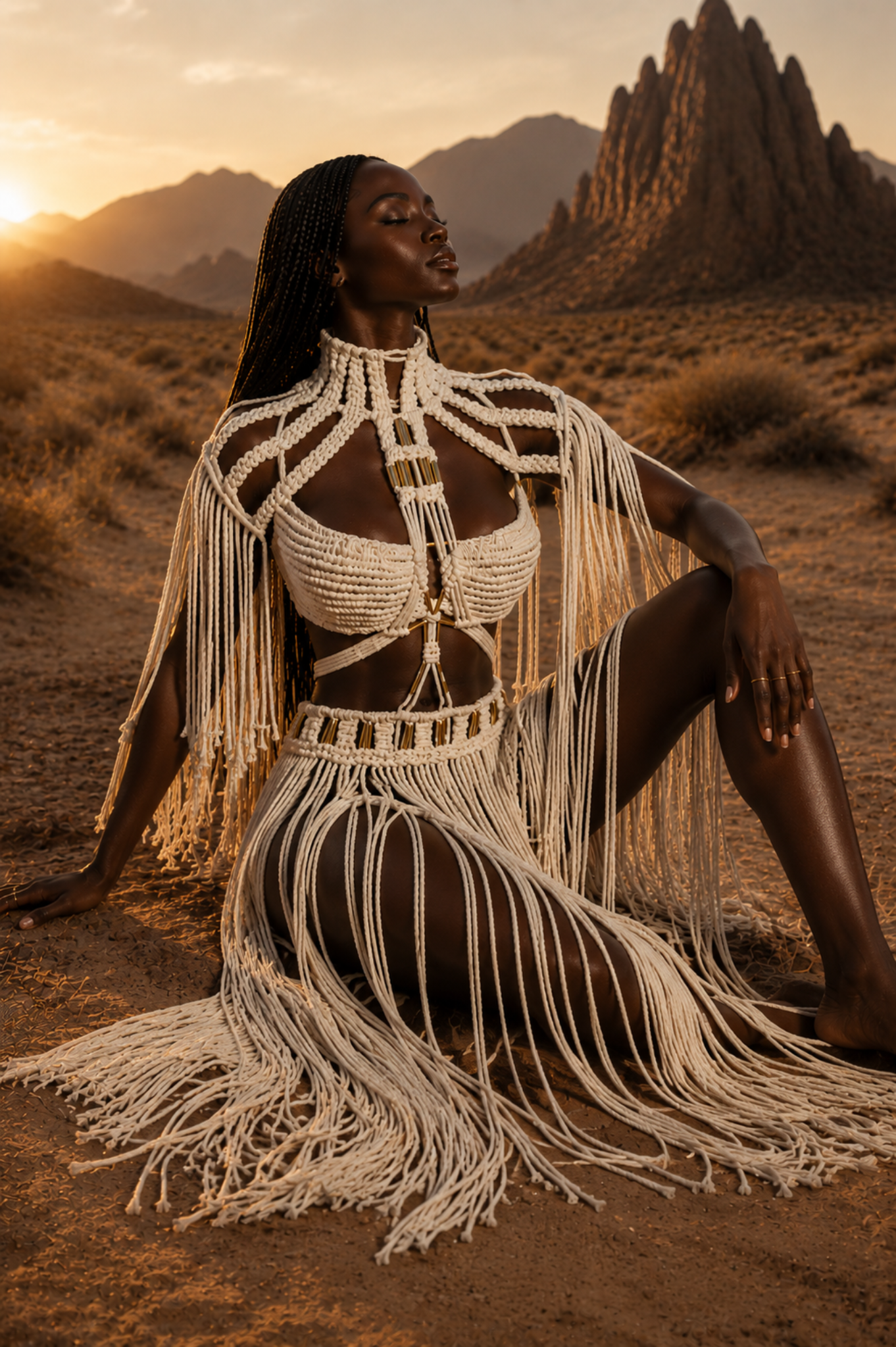 3 piece Cream white Cotton handmade Macrame Outfit