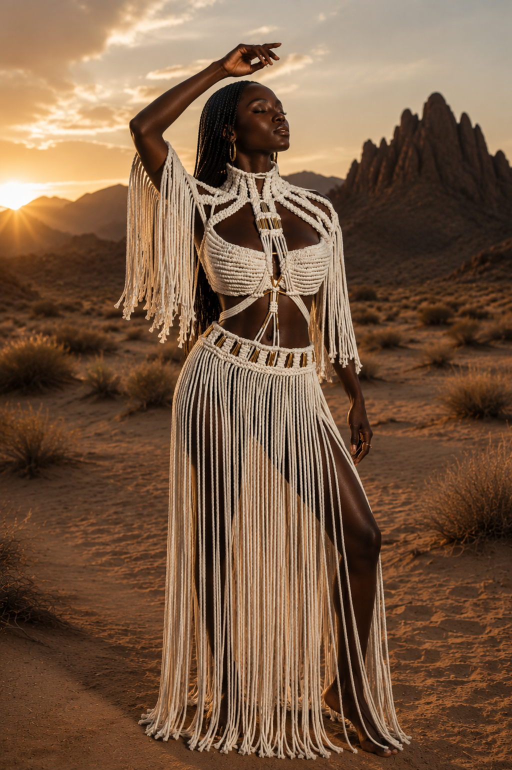 3 piece Cream white Cotton handmade Macrame Outfit