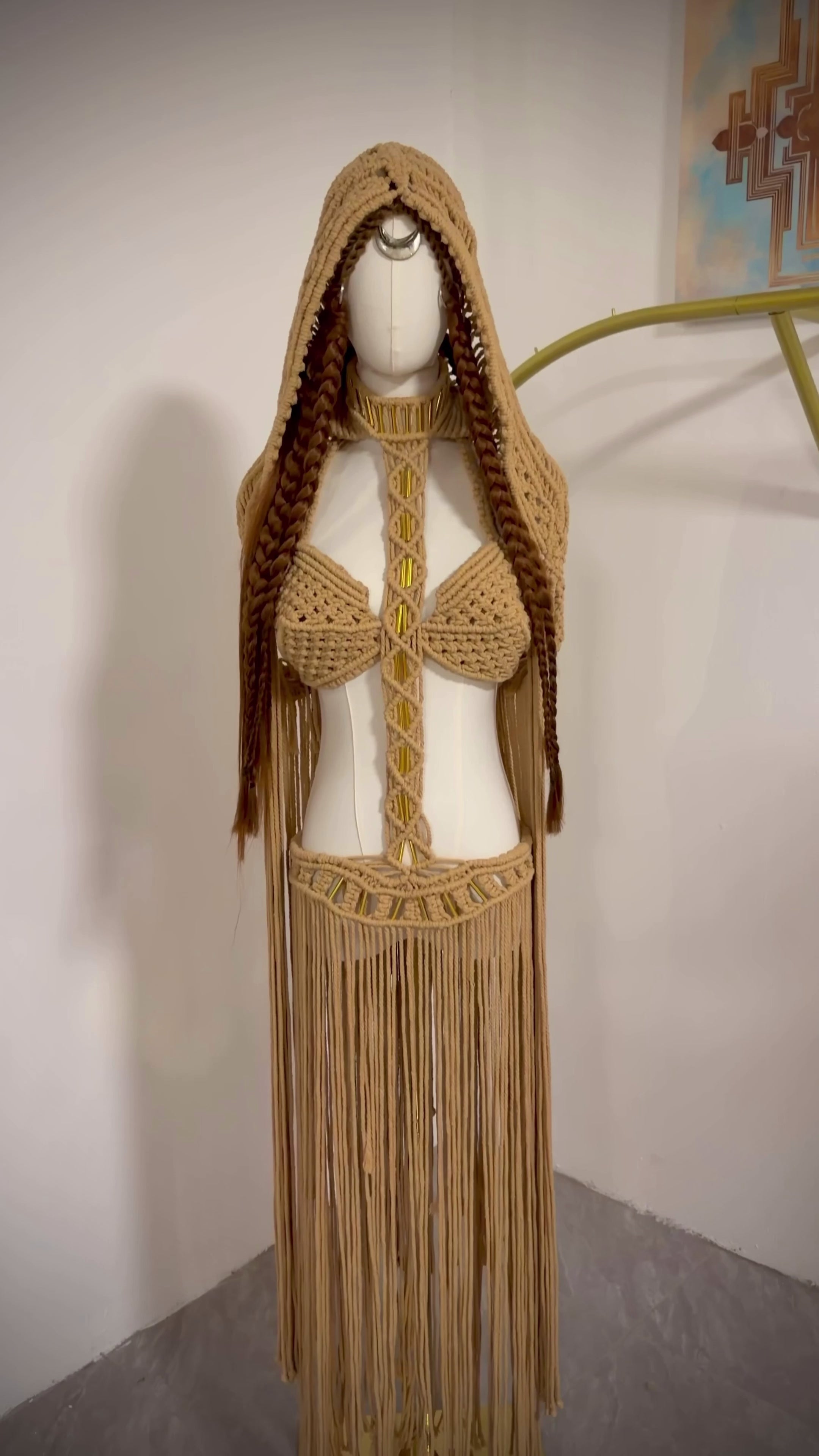 3 piece Beige handmade Cotton Macrame Festival outfit
