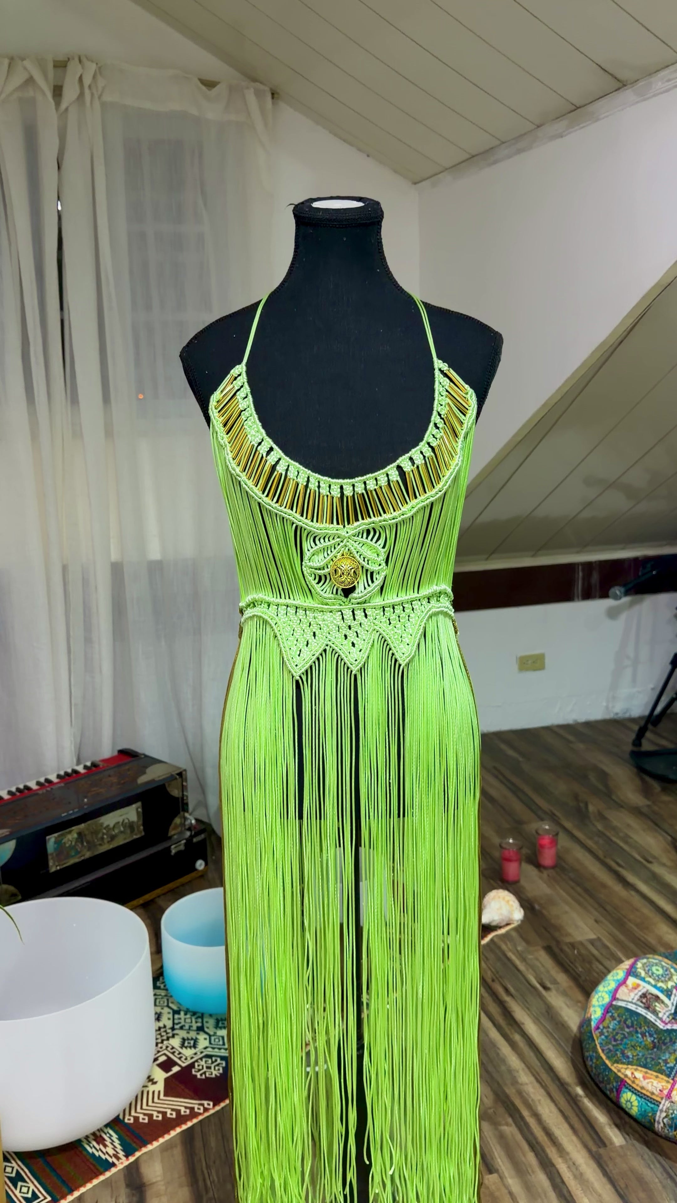2 piece Green handmade Macrame Dress and Collar with precious Stone
